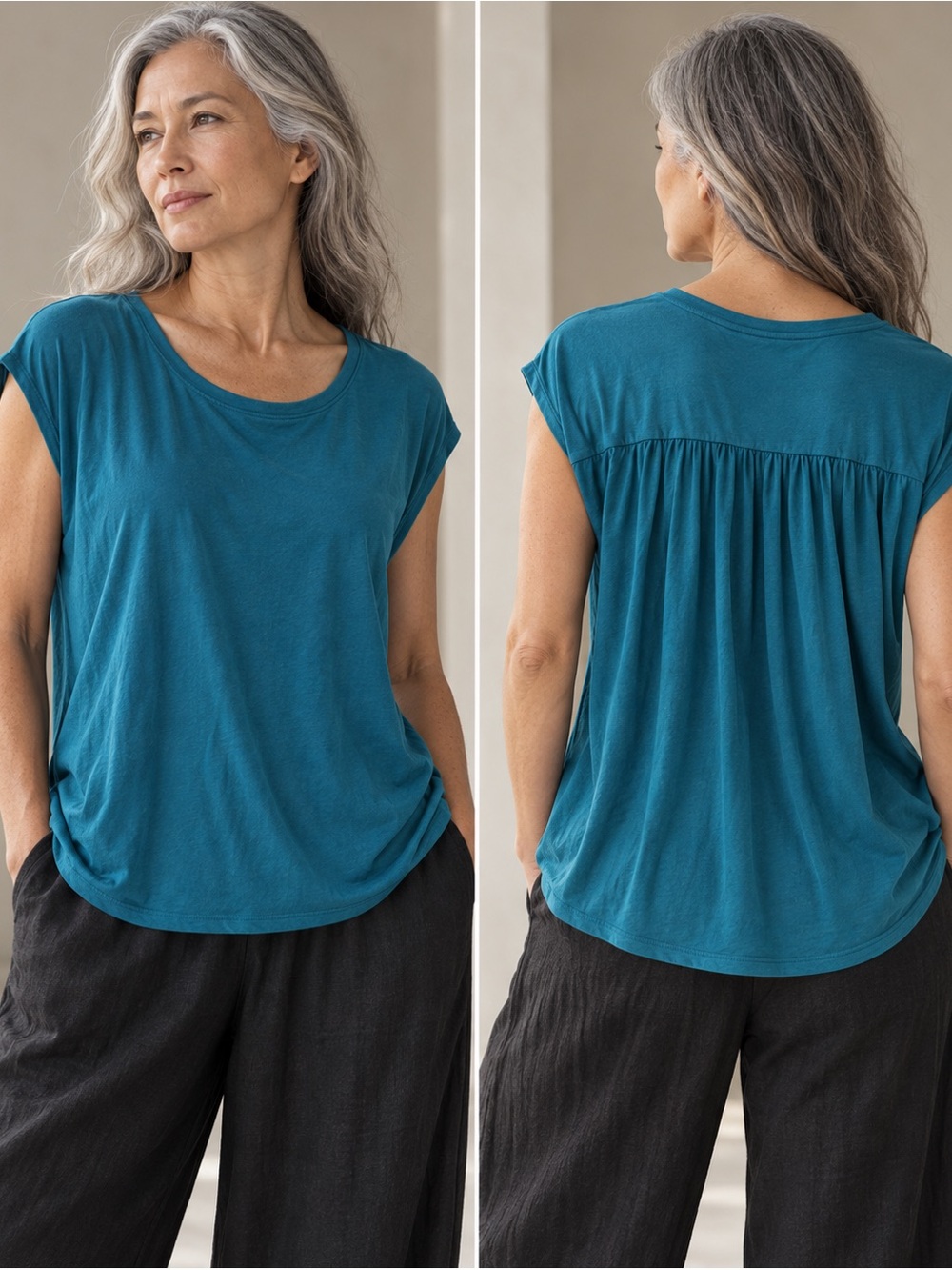Eileen Fisher Fine Jersey Shirred Back Top Teal Blue Large Tencel